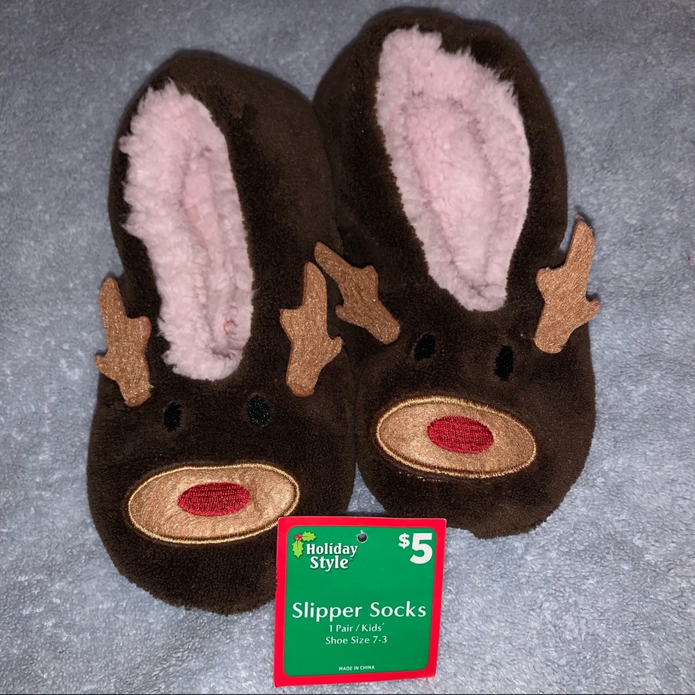🌼 🎄Holiday Time Slipper Socks Reindeer Kids Shoe Size 7 - 3 Toddler Christmas